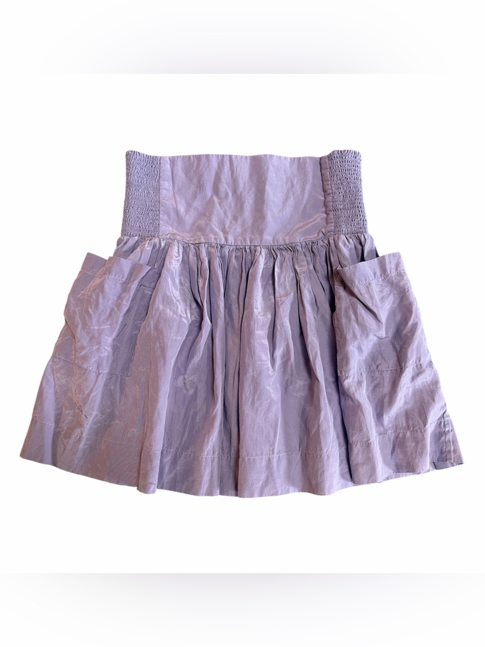 Aritzia Talula Lavender Smocked Waist Silk+Cotton Mini Skirt Size 6 Pockets